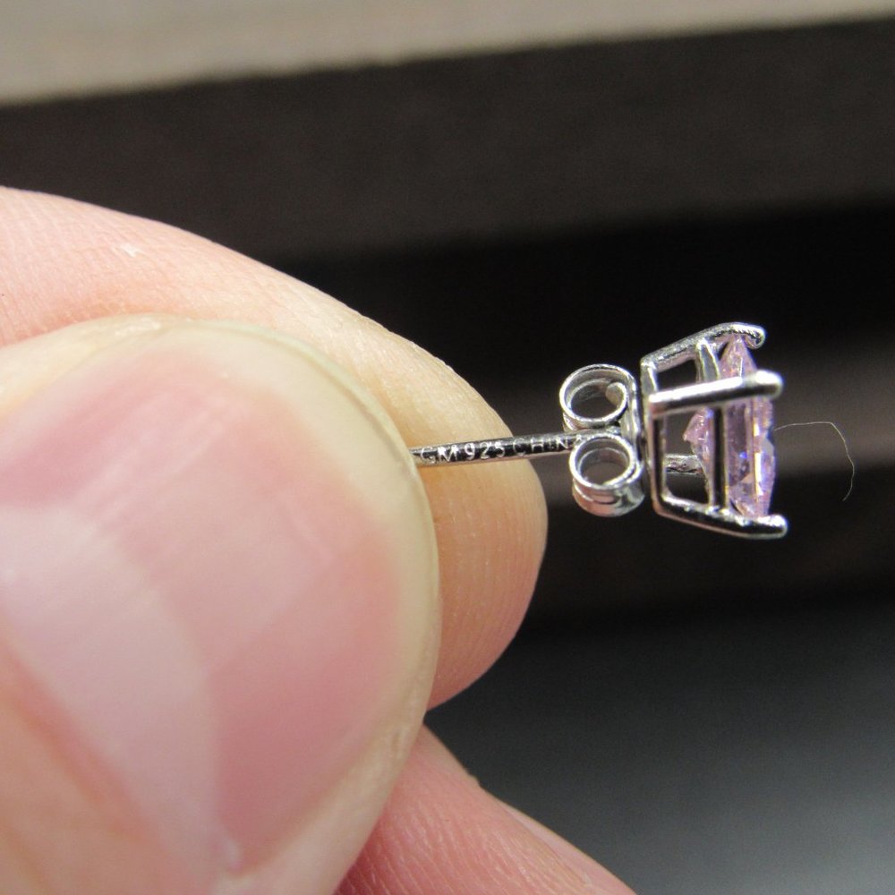 Sterling Small Cubic Zirconia Pink Square Earrings - Picture 5 of 7